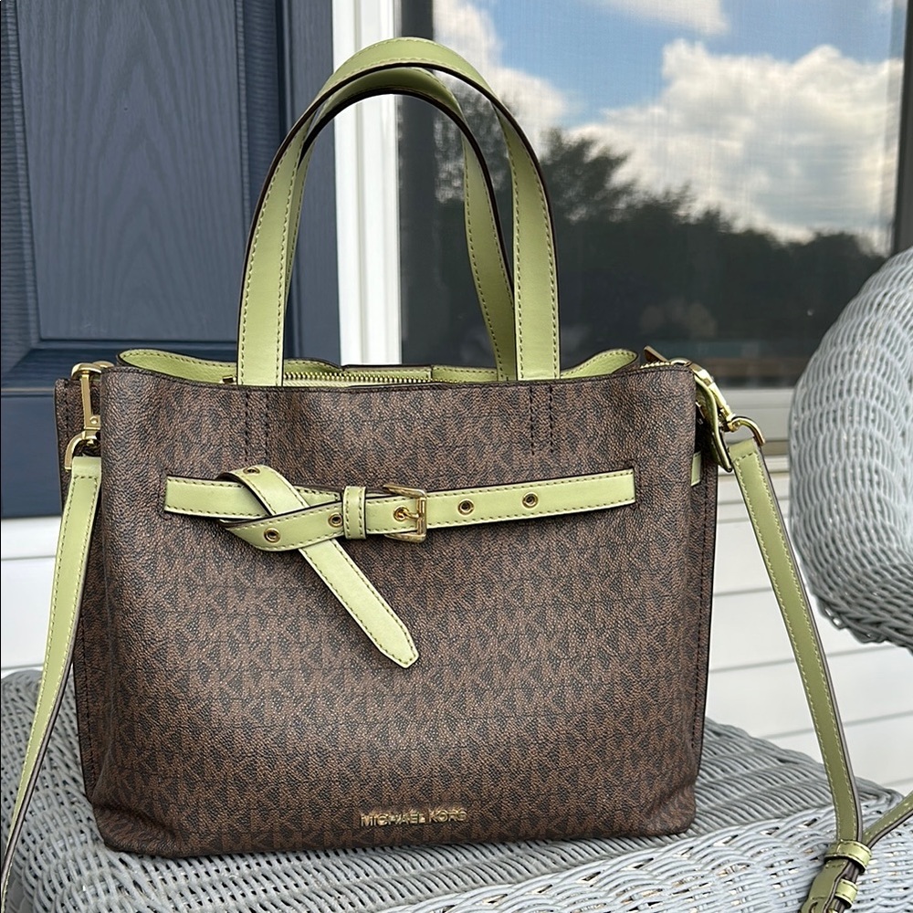Michael Kors Brown and Green Satchel with Gold Hardware